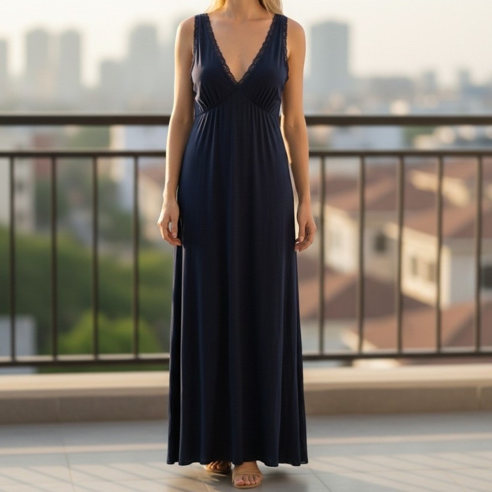 Ghost London Maxi Dress Womens XS Navy Lace Trim Sleeveless Tie Back Romantic
